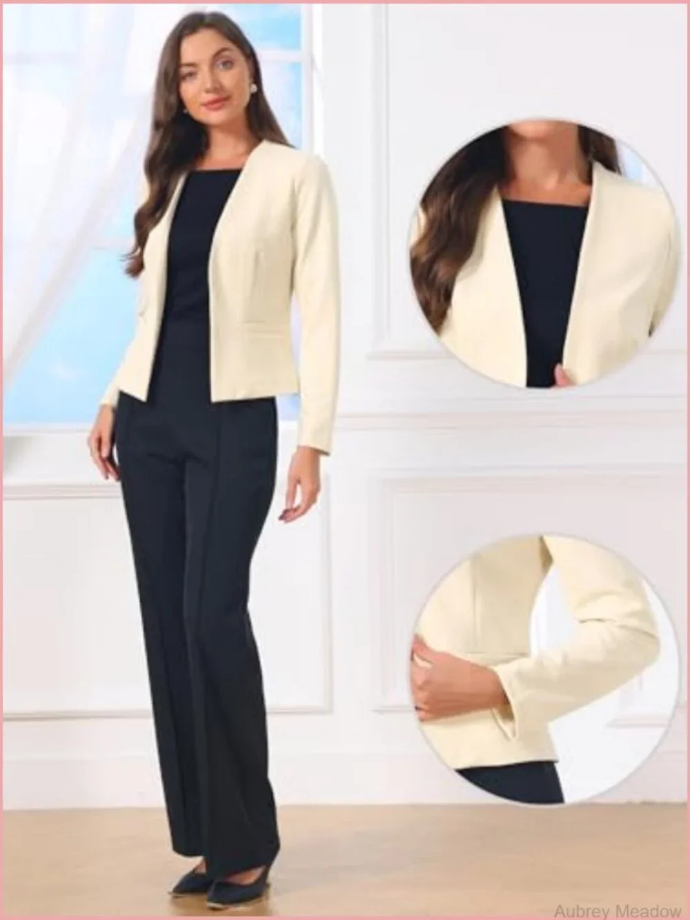 Womens Collarless Blazer Open Front Long Sleeve Suit Jacket Business Casual